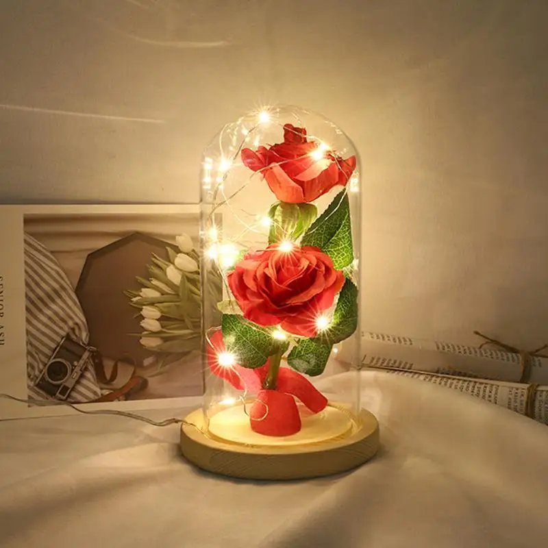 USB 20LED Ночник подарок на день Святого Валентина 2 Роза стеклянный купол медный провод деревянная база струнный светильник поддержка дропшиппинг