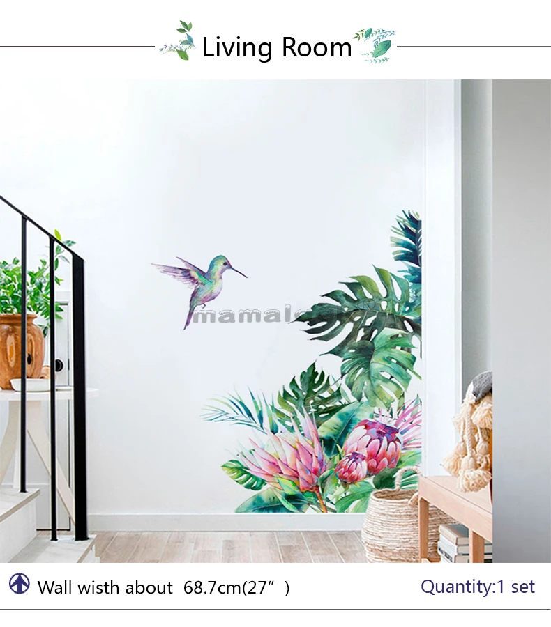 Tropical leaves flowers bird Wall Stickers bedroom living room decoration mural home decor decals removable stickers wallpaper Tropical leaves flowers bird Wall Stickers bedroom living room decoration mural home decor decals removable stickers wallpaper