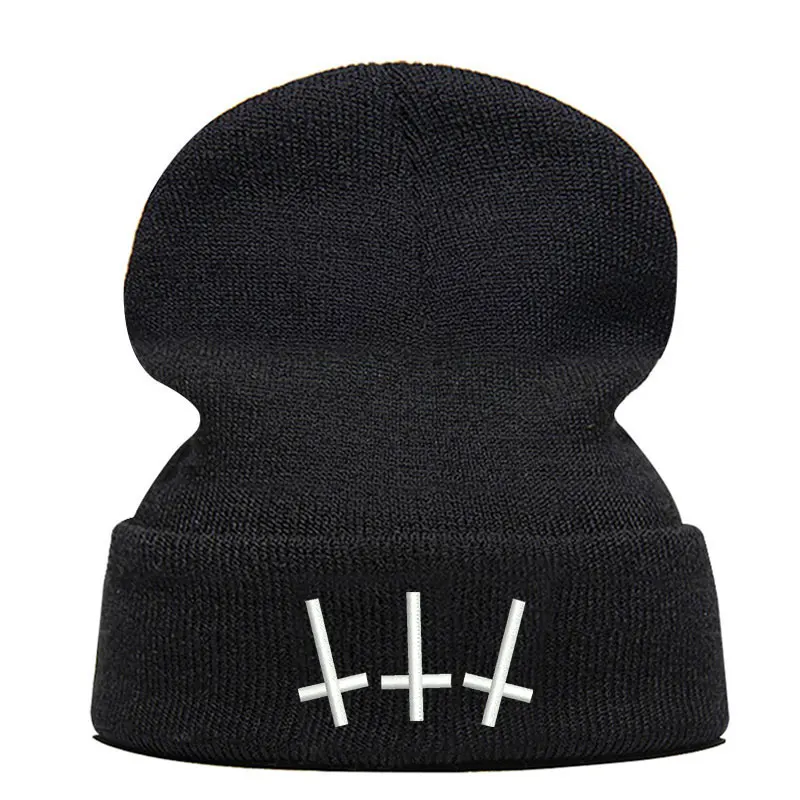 Beanie шляпа Skullie шапка, вязаная шапка-носок зима-осень вышивка в стиле панк Для мужчин Для женщин подростков уличных танцев забавные по заказу покупателя хип-хоп-крест - Цвет: Черный