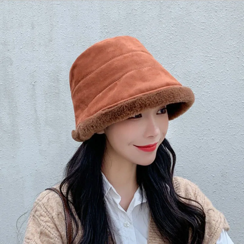 Fashion Winter Faux Fur Bucket Hats for Women Girl Solid Color Plush velvet Warm Panama Black White Fisherman bucket Hats Bob