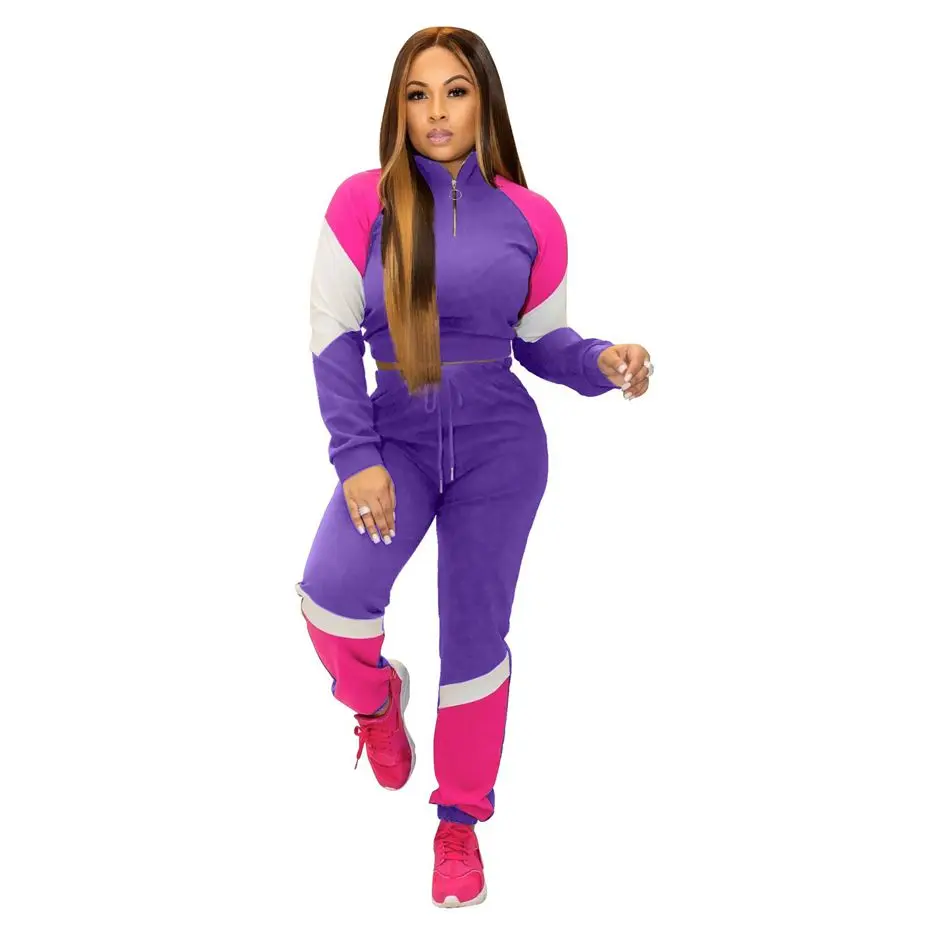 HAOYUAN, комплект из двух предметов для сращивания размера плюс, спортивный костюм, укороченные топы и штаны, одинаковые комплекты, спортивные костюмы для женщин, 2 предмета, осенние зимние наряды - Цвет: Фиолетовый