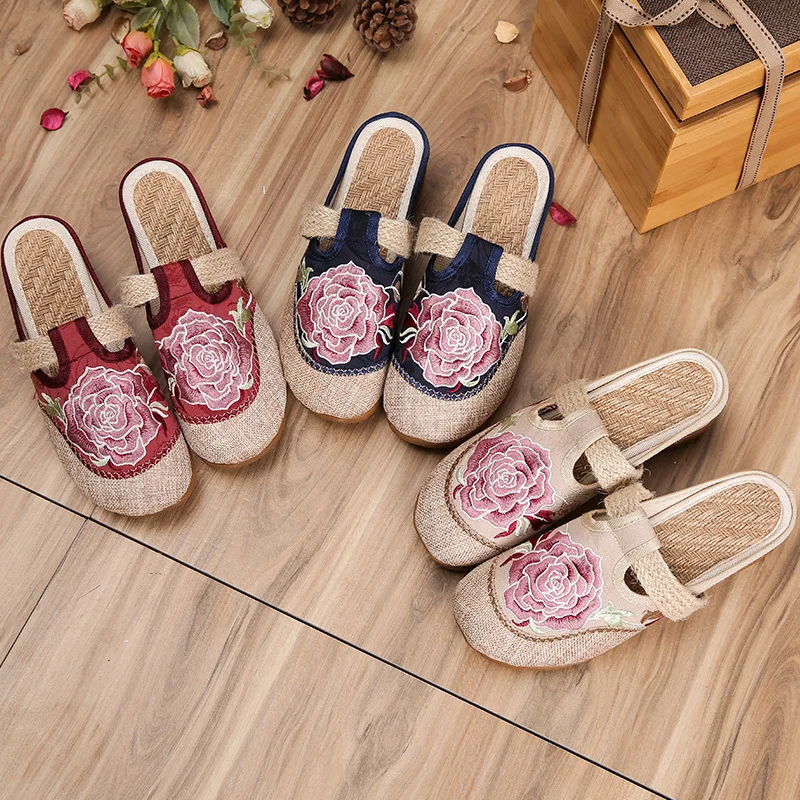 

New Style 2019 Extra High Slanted Heel dan tuo xie Ethnic-Style Women's Embroidery Cloth Shoes Casual Summer Old Beijing Flax Sl