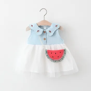 

Summer Baby Girls Sleeveless Lapel Collar Denim Jeans Patchwork Mesh Tutu Kids Princess Party Dress + Watermelon Bag vestidos