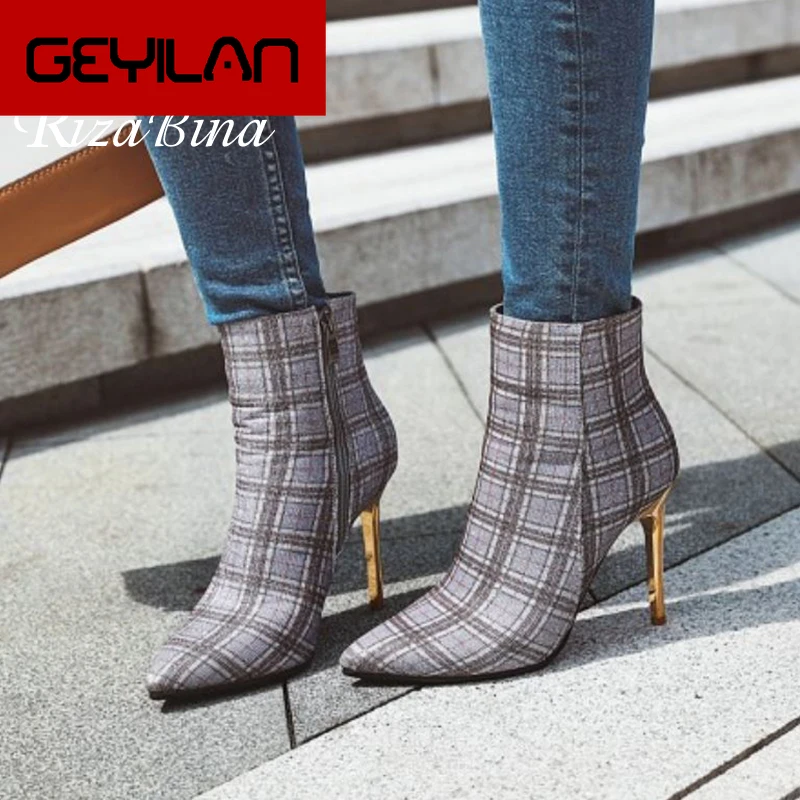 

Women Warm Ankle Boots Fashion Pointed Toe Mixed Color Shoes Women Gold Thin High Heels Side Zipper Footwear Size 33-43