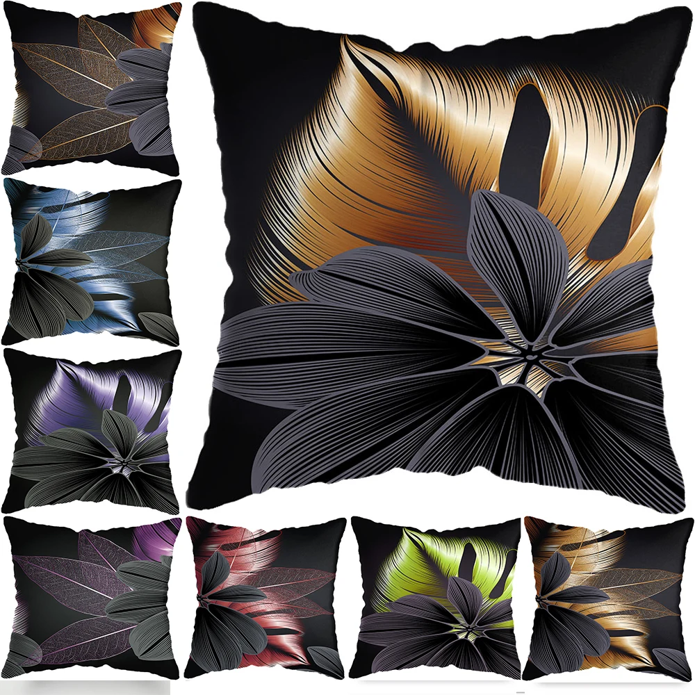 Black Gold Leaf Pillow Polyester Sofa New Office Cushion Cover Short Plush Home Decoration Bedroom | Дом и сад