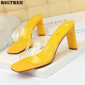 

BIGTREE Summer New High-Heeled Sandals Slippers Casual Shoes Chunky-Heel Heel Transparent Word Slippers