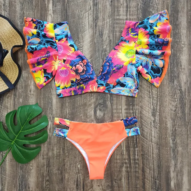 2022 New Sexy Brazilian Bikini Set Female Ruffle Swimwear Women Print Floral Push Up Swimsuit Bathing Suit Biquini 6