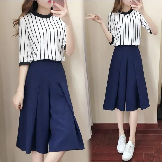 

2018 New Style Casual Tops + Pants Two-Piece Set Summer Korean-style WOMEN'S Suit Loose Pants Skirt
