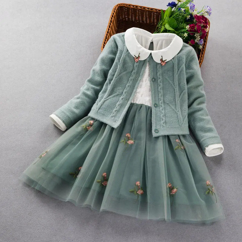 Элегантный комплект одежды для девочек на весну-осень, Детское пальто принцессы+ платье, костюм из 2 предметов для девочек, праздничная детская одежда для 3, 5, 8, 9 лет
