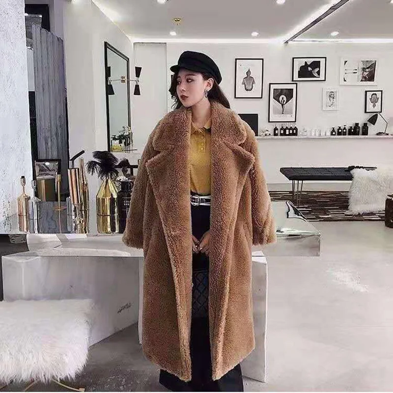 Женское зимнее теплое длинное пальто из искусственного меха с длинным рукавом, женское толстое пальто с мишкой Тедди, Повседневная Свободная верхняя одежда