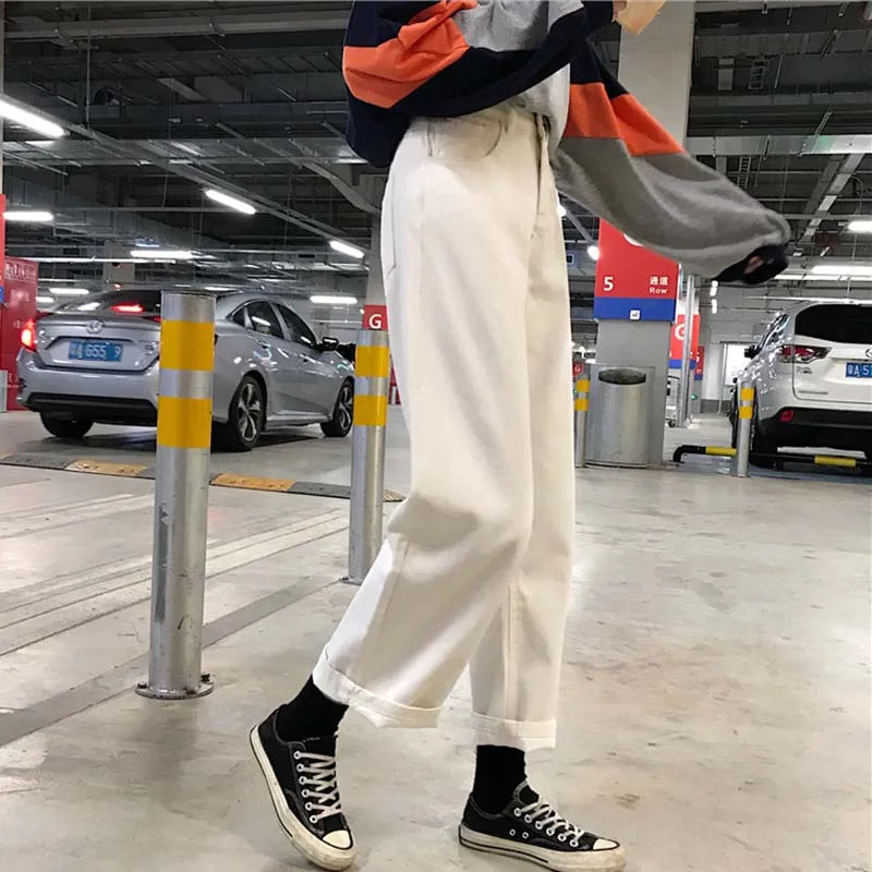Женские джинсы Ulzzang Harajuku, уличная одежда, универсальные, новинка, корейский стиль, Ретро стиль, свободные, высокая талия, студенческие женские брюки, шикарные, повседневные