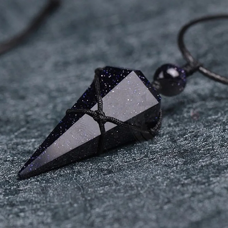 Natural Obsidian Blue Sandstone Necklaces & Pendants With Hand Braided Rope Energy Power Stone Cone Shape Amulets