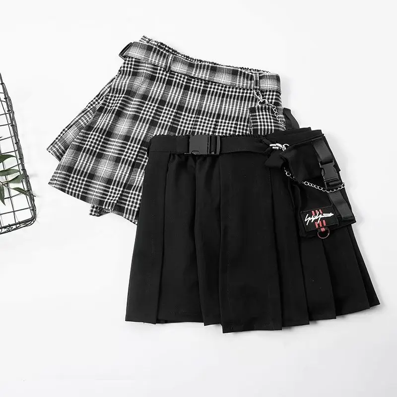 

2019 Spring Plaid Skirt Versatile Release Buckle Charm Pleated Skirt grs kuan Pocket High-waisted Short Skirt