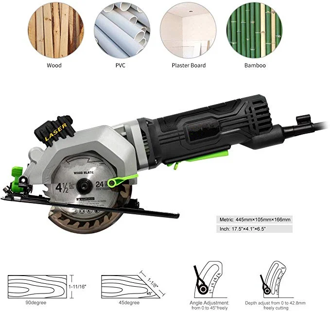 Циркулярная пила, 4 ампер 3500 об/мин мини циркулярная пила с лазерной направляющей, Макс. Depth1-11 резки/1"(90 °), 1-1/8"(45 °