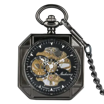 

Octagon Shape Antique Black Hand Winding Mechanical Pocket Watch Transparent Glass Hunter Vintage Pendant Pocket Clock