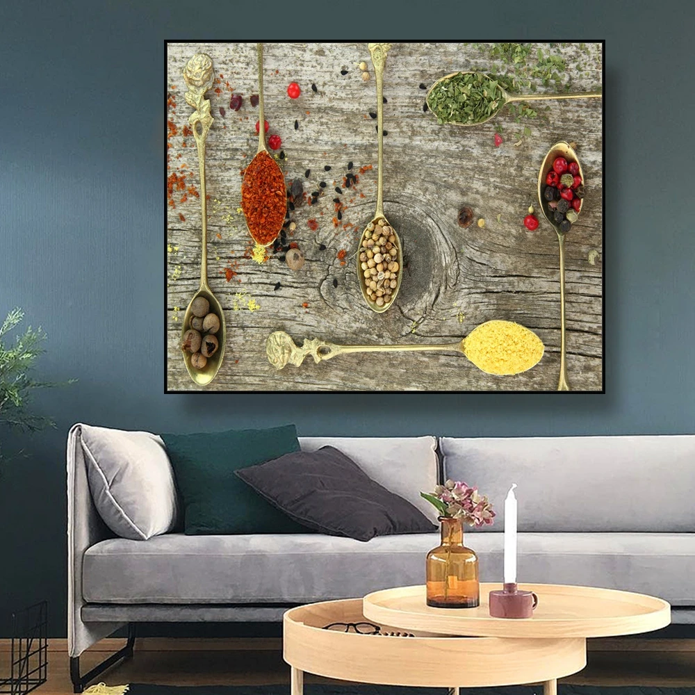 Canvas Painting Seasoning in spoon Wood grain background Art Poster Picture Wall Decor Home Decoration For Living room Kitchen Canvas Painting Seasoning in spoon Wood grain background Art Poster Picture Wall Decor Home Decoration For Living room Kitchen