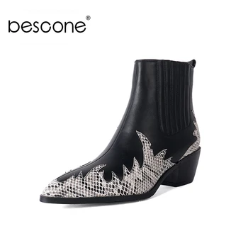 

BESCONE Winter Women Ankle Boots Handmade Snake Pattern Square Heel Shoes Basic Winter Warm Outside High Heel Ladies Boots BY196