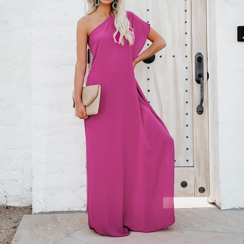 

Women's Ruffles Off One Shoulder Short Sleeve Loose Side Slit Long Maxi Kaftan Dress hot sale