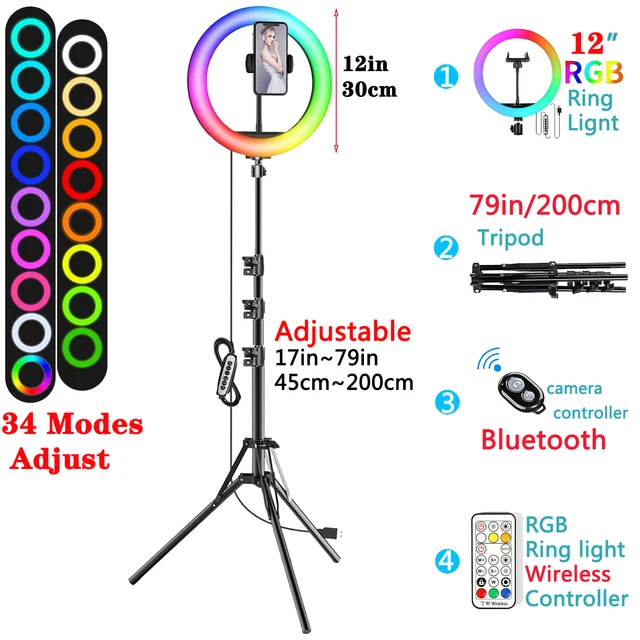 12in 30cm Selfie Ring Light RGB Tripod Phone Stand Holder Photography RingLight Circle Fill Light Led Color Lamp Trepied Makeup 12in RGB Type 1