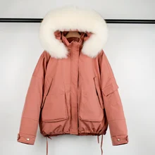  Lagabogy 2021 Huge Real Raccoon Fur Women Winter Hooded Short Warm Down Parkas Female 90% White Duck Down Coat Lining Removable 