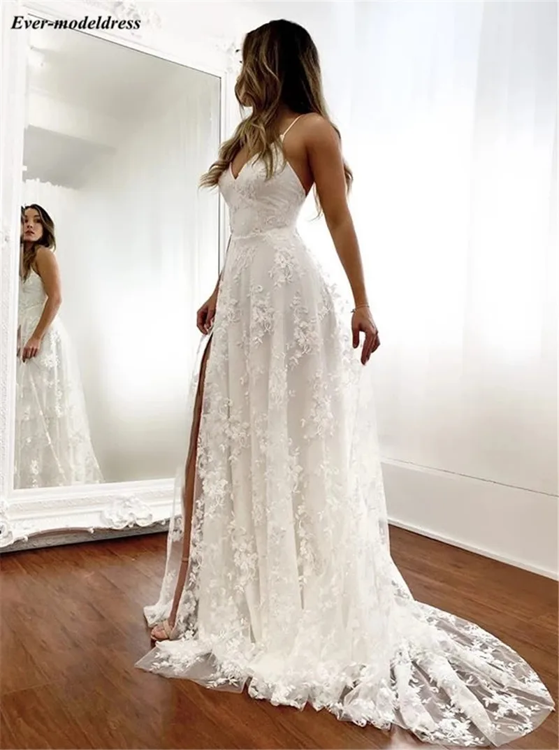 Vestido de Noiva, кружевные свадебные платья,, с разрезом по бокам, с открытой спиной, со шлейфом, свадебные платья, платье невесты, Robe De Mariee