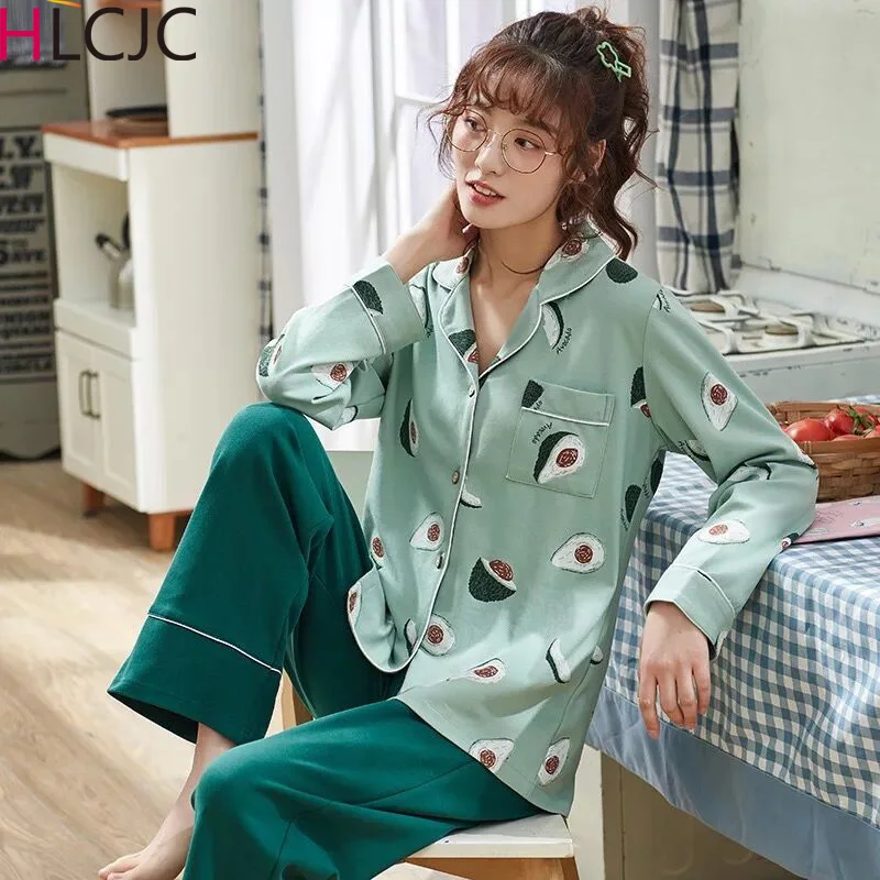 

Ladies' Pyjamas Autumn New Cotton Fruits Lapel Top + Long Pant 2 Piece Sets Pajamas Set For Women Cute Sleepwear Girls Pijamas