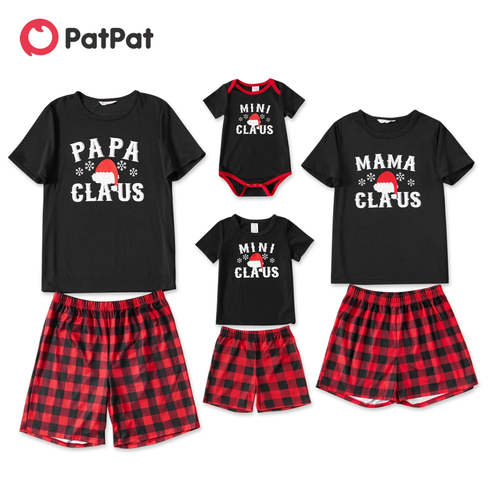 thumbnail image 2 of Conjunto de pijama a cuadros de manga corta con estampado de letras y gorro navideño de PatPat en color negro (resistente al fuego), 2 of 5