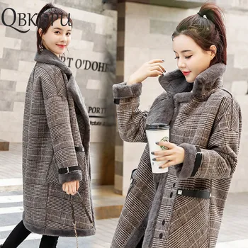 

Winter Plus velvet thickening Woolen coat Women Vintage Wool Blends Plaid Jacket Fashion Formal Slim Long Sleeve Long Overcoat