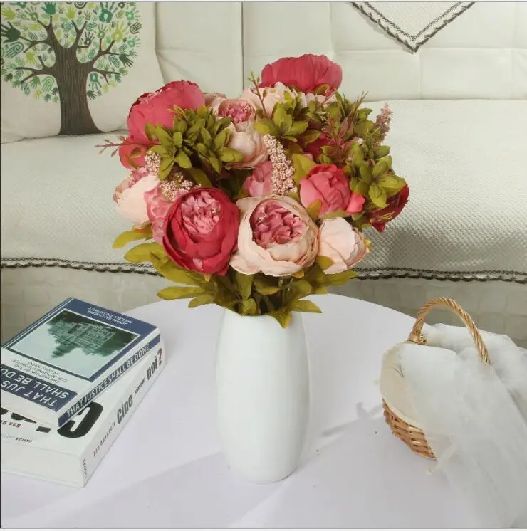 Европейский сердечник пион высшего класса имитация цветок искусственный букет цветов Свадебные украшения по оптовой цене шелковая ткань 13 цветов/пучок - Цвет: Темно-розовый