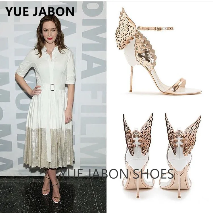 

Sexy butterfly summer shoes leather metallic embroidered angel wings woman pumps open toe buckle strap lady High Heel Sandals