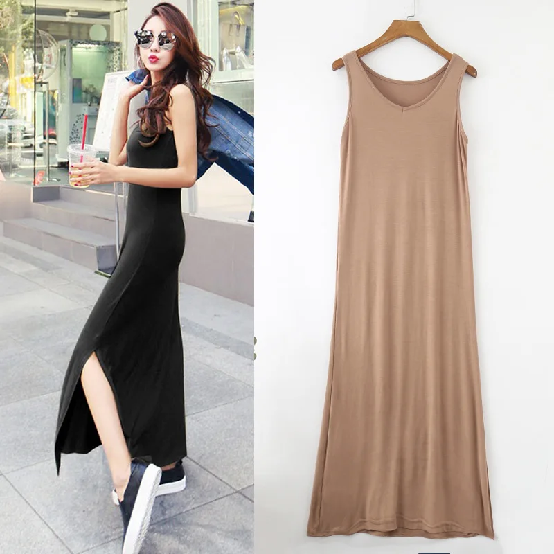 

2018 Spring And Summer New Style Modal Sleeveless V-neck Dress Women's Korean-style Slimming Render Vest Slit Dress