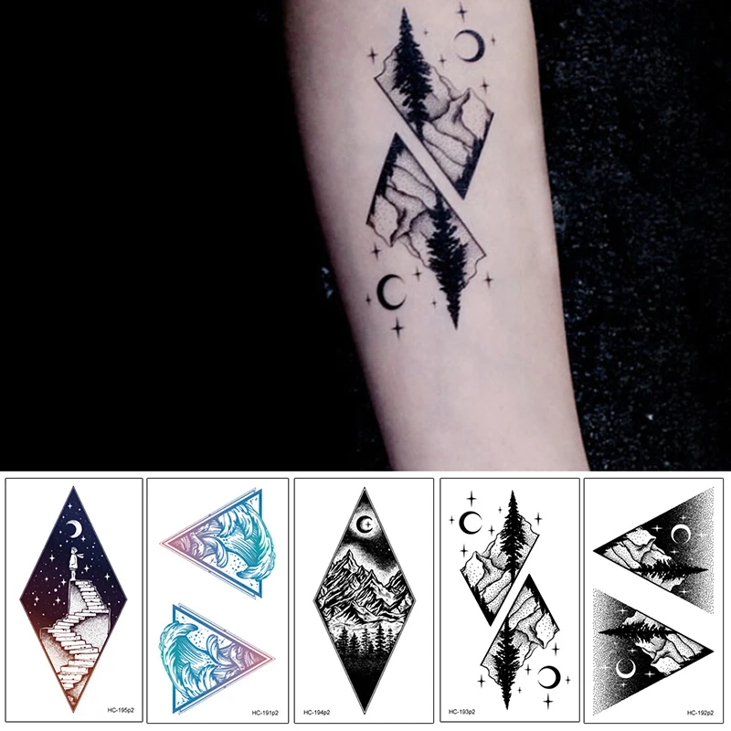 Moon Mountain Temporary Tattoo Stickers Planet Ocean Coconut Tree Waterproof Halloween Tattoos Long Lasting Ecology Fake Tattoo