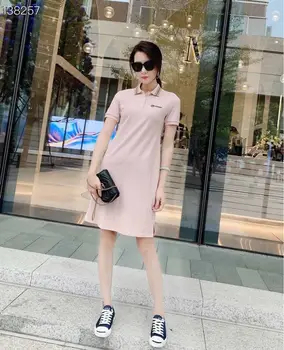

2020 Spring Autumn Fall Runway Short Sleeve White / Pink / Dark Blue Women Dress Letters Embroidery Slim Elegant High Fashion