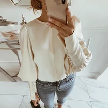 *#Best Price Women Buttoned Balloon Sleeve Blouses New Autumn Winter Solid Round Neck Chic Elegant Tops Office Ladies Casual Basic Blouse D30 *#Best Price Women Buttoned Balloon Sleeve Blouses New Autumn Winter Solid Round Neck Chic Elegant Tops Office Ladies Casual Basic Blouse D30