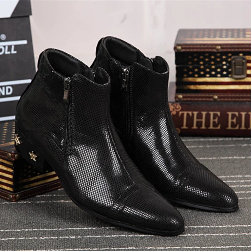

Christia Bella Large Size Pointed Toe Star Pattern Man Black Real Leatehr Short Boots Business Party Male Motorcycle Ankle Boots