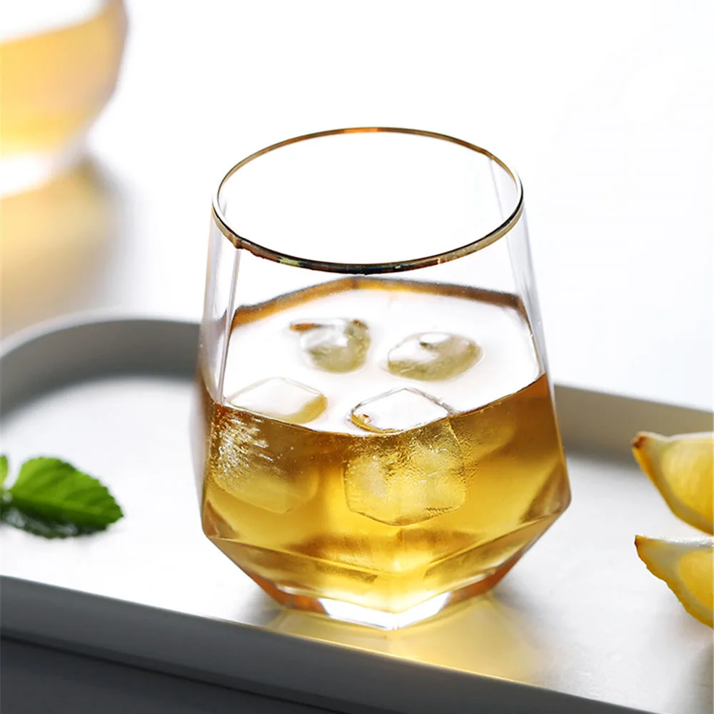 Creative Geometry Glass Cup Golden Rim Crystal Transparent Masonry Coffee Mug Wine cocktail Milk Tea Cup Drinkware Couple Gifts