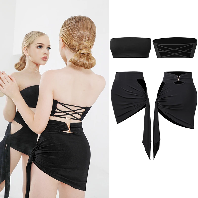 

Kids Girls Latin Dance Costumes Summer Non-Slip Strapless Tops Black Skirt Latin Performance Competition Clothing Wear DNV14940
