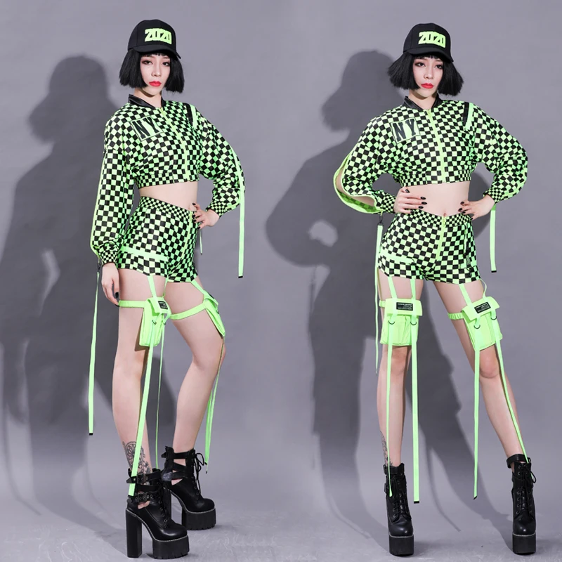 

Sexy girl new year clothing Bar show clothes festival Party nightclub sexy collar grid dance clothes costumes suit