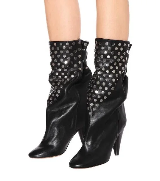 

Black Leather Rivets Studs Woman 85 mm Punk Spike Heels Pointed Toe Slip On Mid Calf Martin Boots Undercover Buckle Short Boots