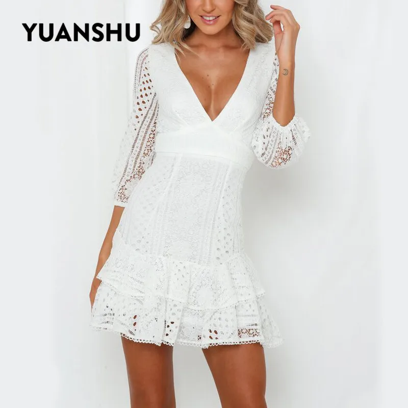 YUANSHU, летнее, белое, кружевное, открытое, пуловер, мини платье, женское, v-образный вырез, молния, половина рукава, тонкое платье, сексуальные, вечерние, платье