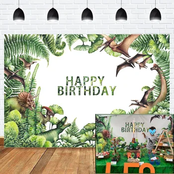 

Dinosaur Theme Birthday Backdrop Green Leaves Birthday Party Background Boy's Roar Birthday Party Banner Decor Watercolor Photo