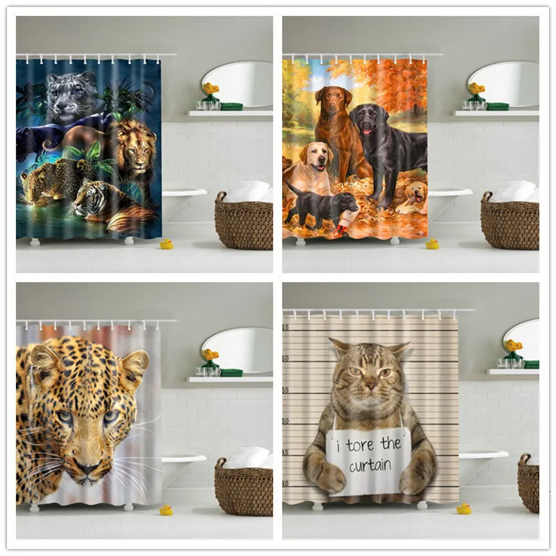 

Animal Cat Dog Tiger Shower Curtains Set With Hooks Animals Style Waterproof Polyester Cloth Bathroom Screen Bath Curtain Fabric