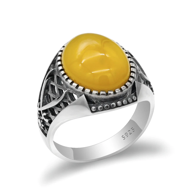 Yellow Stone 925 пробы, серебряное винтажное мужское кольцо с черным ониксом, кольцо с двойными мечами, тайский серебряный стиль, для мантурского, ювелирное изделие ручной работы - Цвет основного камня: Yellow Stone