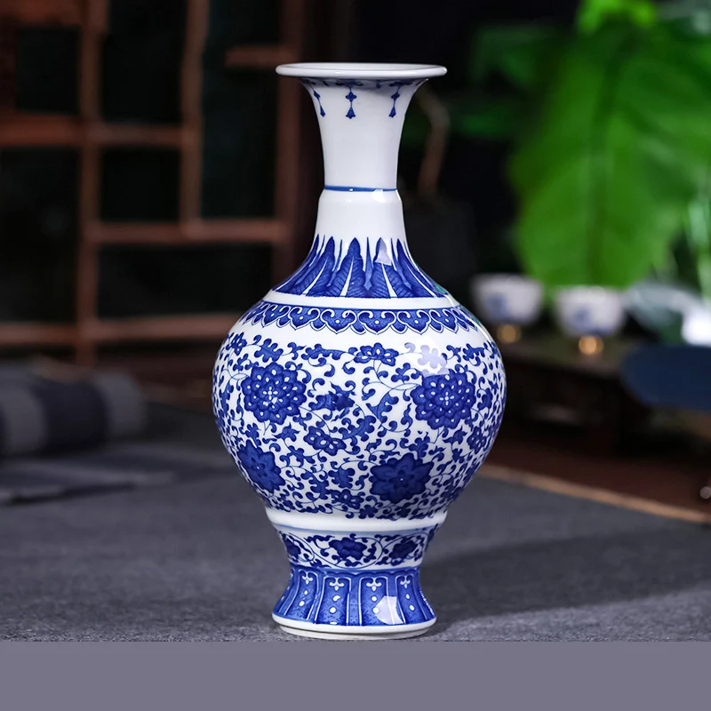 Украшения для дома в китайском стиле ваза сине-белая гостиная центральный фарфоровые подарки азиатские вазы с подставкой цветок Дракон пейзаж печать - Цвет: 16