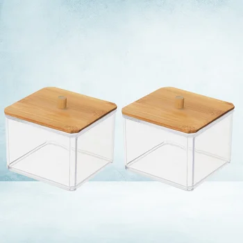 

2PCS Transparent Cotton Swab Holder Acrylic Cotton Pads Dispenser Bamboo Cover Cosmetics Container Makeup Storage Holder