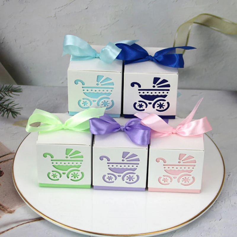 10pcs Party Gift Baby Shower Candy Boxs Ribbon Carriage Shape Favor Wedding Box 