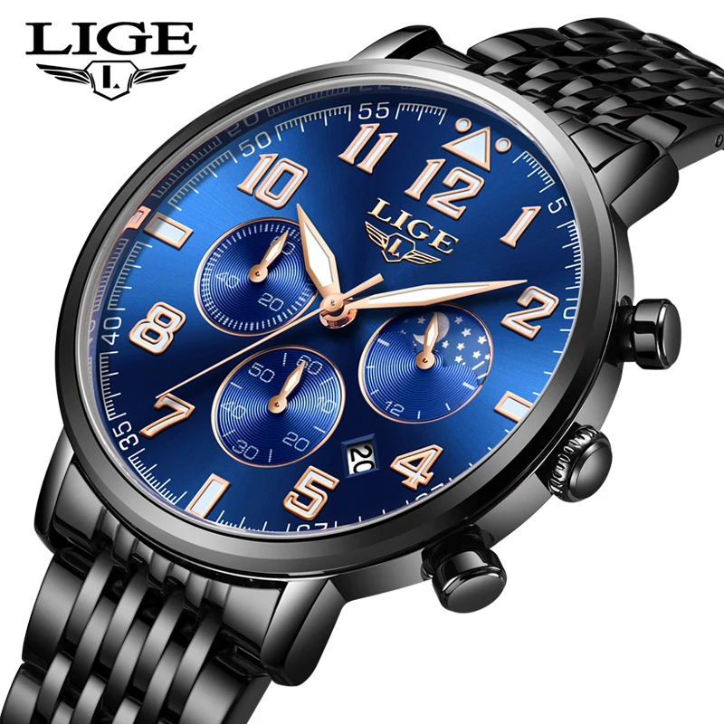 

LIGE New Mens Watches Top Brand Luxury Business Quartz Watch Men Sport Full Steel Waterproof Black Date Clock Relogio Masculino