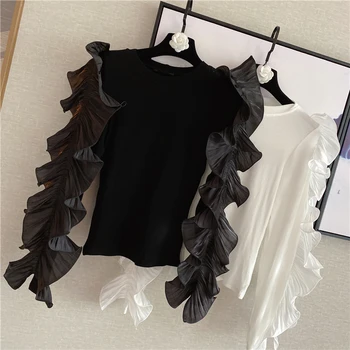 

2020 Spring Sweet Frilled Knit Shirt Women Butterfly Sleeve Blouse Pullover Shirt Ladies Fashion Tops Pull Femme White Pink