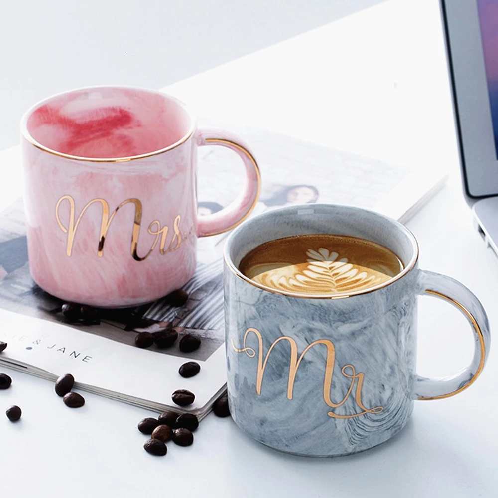 Marble Ceramic Mugs Coffee Tea Cup Milk Juice Lemon Mug Gold Plating Mrs Mr Couple Lover's Gift Morning Breakfast Creative Cup