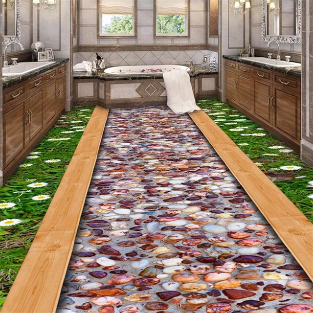 Transform your living space with our Custom 3D Fresh Grass Wildflowers Gravel Road floor tile.